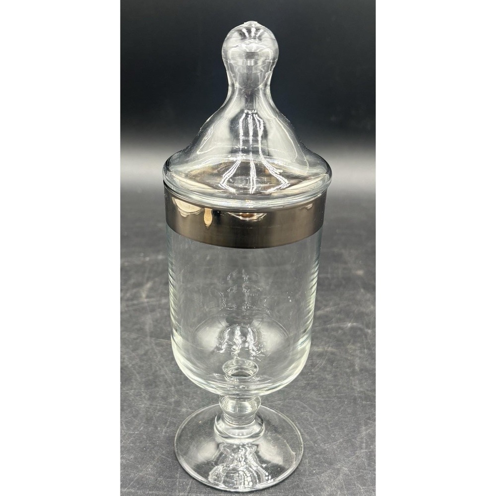 Vintage Apothecary Glass Silver Trim Candy Bowl Pedestal Base With Lid 8.5"